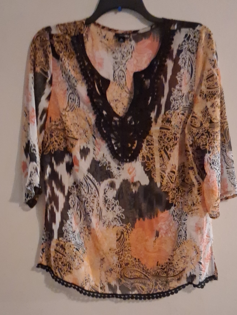 East 5th Peach, Black and Cream Paisley V-Neck Tunic